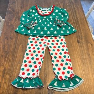 Smock Monkey Shirt w/ Pants Set With Christmas Tree and Polka Dots Size 2T